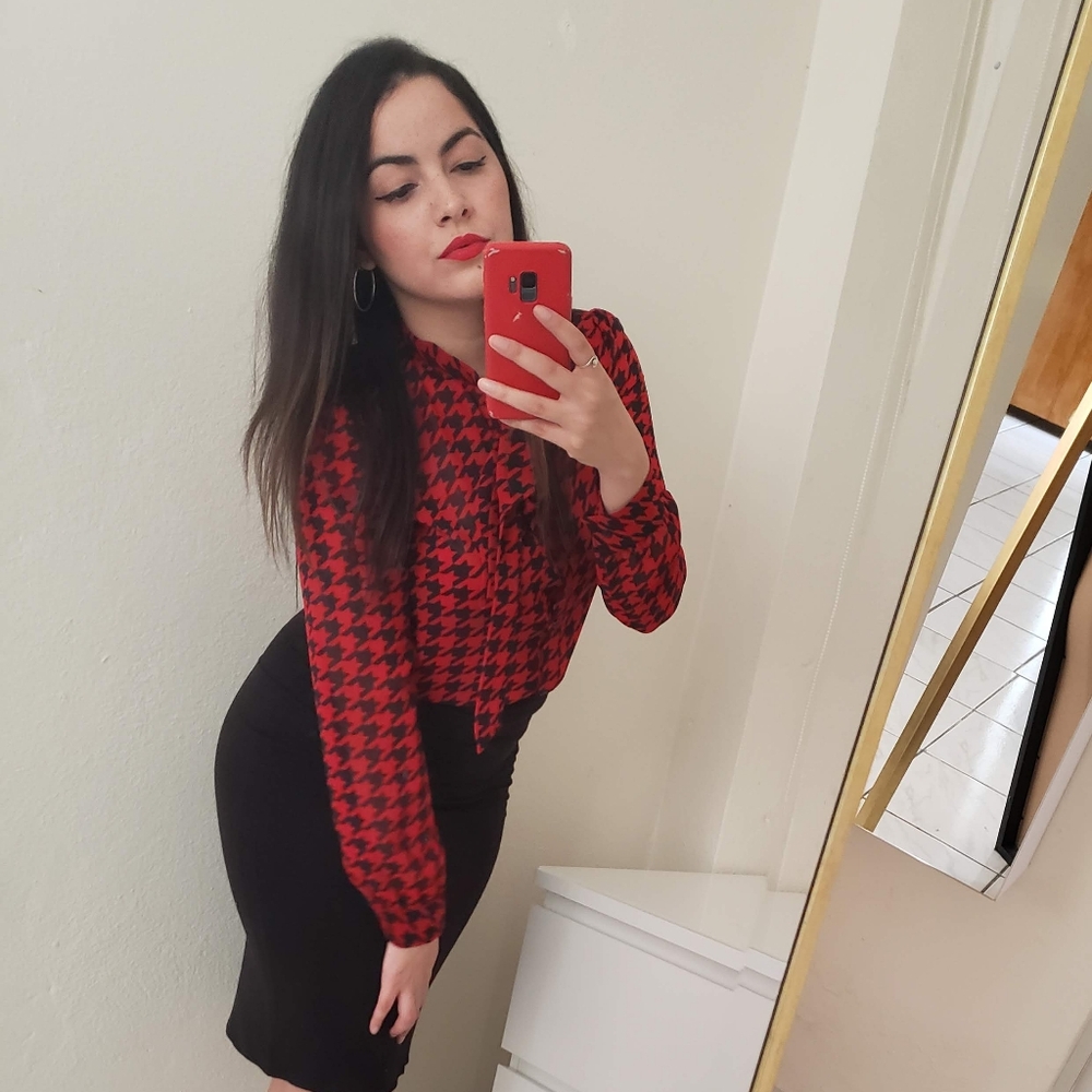 Vibrant Red and Black Houndstooth button up top with bow detail